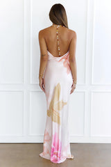 Paradise Bloom Satin Cowl Neck Maxi Dress Pink