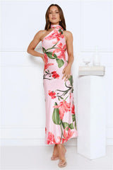 Romance In Bloom Satin Maxi Dress Pink
