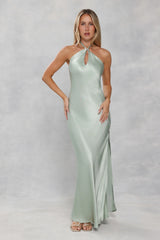 The Delilah Satin Halter Maxi Dress Sage Green