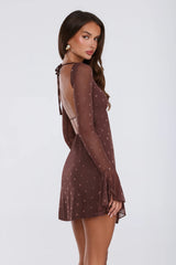 Sunset Season Long Sleeve Polka Dot Mini Dress Brown
