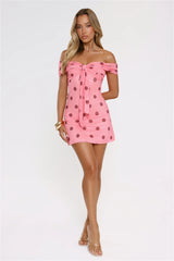 Take The Hint Off Shoulder Mesh Polka Dot Mini Dress Pink