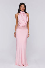 Gossip And Glitter Halter Satin Maxi Dress Blush