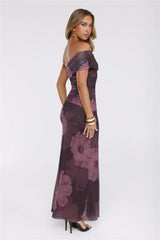 Mischief Glow Off Shoulder Mesh Maxi Dress Brown