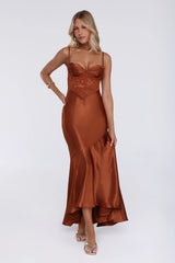 Sultry Horizon Satin Lace Maxi Dress Brown