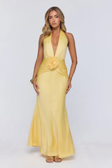 Vibe Star Halter Satin Maxi Dress Yellow