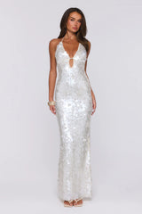 Sparkling Affair Sequin Halter Maxi Dress Ecru White