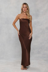 The Felicity Strapless Satin Maxi Dress Chocolate Brown