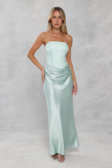 Dressed To Dazzle Strapless Satin Maxi Dress Sage