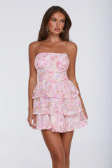 Sweetest Soul Floral Lace Tiered Strapless Mini Dress Pink