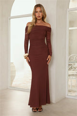 Glam Mesh Off-Shoulder Maxi Dress Rust