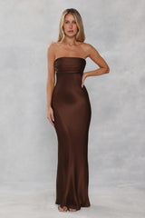 The Seraphina Strapless Satin Maxi Dress Chocolate Brown