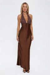 Wardrobe Defined Halter Satin Maxi Dress Brown
