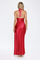 Sleek Halter Neck Cutout Satin Maxi Dress Red