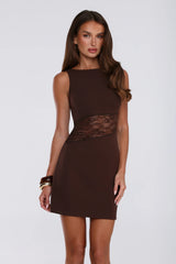 Sleek Lace Panel Bodycon Mini Dress Brown