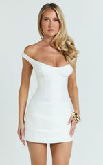 Tanisha Mini Dress - Off Shoulder Draped Waist Dress in White