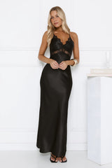 Satin Lace Crisscross Back Maxi Dress Black