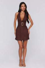 Just Enough Attitude Halter Mini Dress Brown