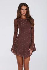 Sunset Season Long Sleeve Polka Dot Mini Dress Brown