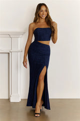 Dusky Luxe Lace Strapless Maxi Dress Navy