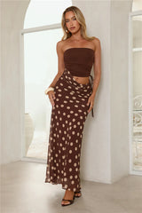 Lovergirl Energy Polka Dot Strapless Maxi Dress Brown