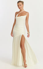 Flynn Maxi Dress - Asymmetric Neck Sheer Skirt Dress in Ivory