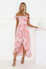 Whispering Blossoms Off Shoulder Maxi Dress Pink
