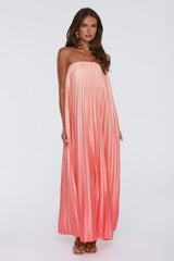 Warm Wishes Strapless Satin Pleated Maxi Dress Peach