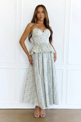 Lush Life Peplum Strapless Maxi Dress Blue