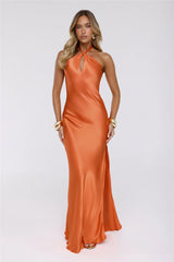 Rule Her World Halter Satin Maxi Dress Peach