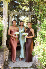 The Cleo Halter Satin Maxi Dress Chocolate Brown