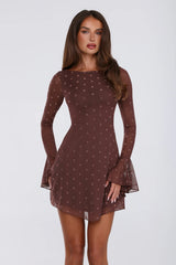 Sunset Season Long Sleeve Polka Dot Mini Dress Brown