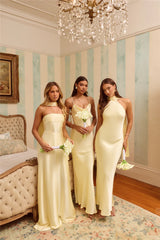 The Vivia Halter Satin Maxi Dress Yellow