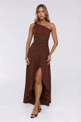 Rule Breaker One Shoulder Midi Dress Brown