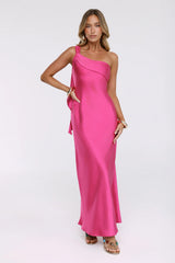 Romantic Tales Satin One Shoulder Maxi Dress Hot Pink
