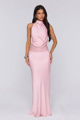 Gossip And Glitter Halter Satin Maxi Dress Blush