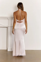 Delicate Lace Detail Halter Maxi Dress Pink