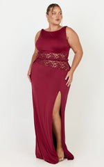 Alberta Maxi Dress - Spliced Sheer Lace Column Dress in Wine
