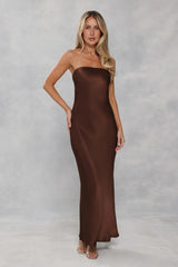 The Felicity Strapless Satin Maxi Dress Chocolate Brown