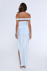 The After Party Off Shoulder Satin Maxi Dress Blue