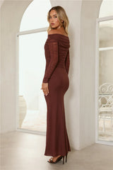 Glam Mesh Off-Shoulder Maxi Dress Rust