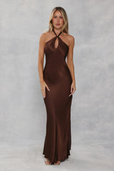 The Delilah Satin Halter Maxi Dress Chocolate Brown