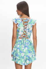 Charade Ruffle Shoulder Corset Back Dress Floral Green