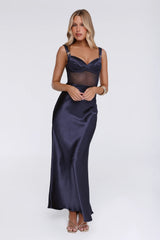 Silky Silk Satin Maxi Dress Navy