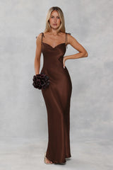 The Penelope Cowl Satin Maxi Dress Chocolate Brown