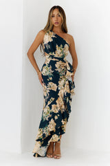 Floral One Shoulder Cutout Maxi Dress Navy