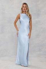 The Blaire Backless Satin Maxi Dress Light Blue