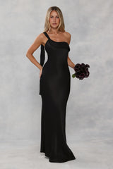 The Zafira One Shoulder Satin Maxi Dress Black