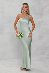 The Evangeline One Shoulder Satin Maxi Dress Sage Green