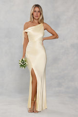 The Clover Off Shoulder Satin Maxi Dress Yellow