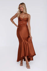 Sultry Horizon Satin Lace Maxi Dress Brown